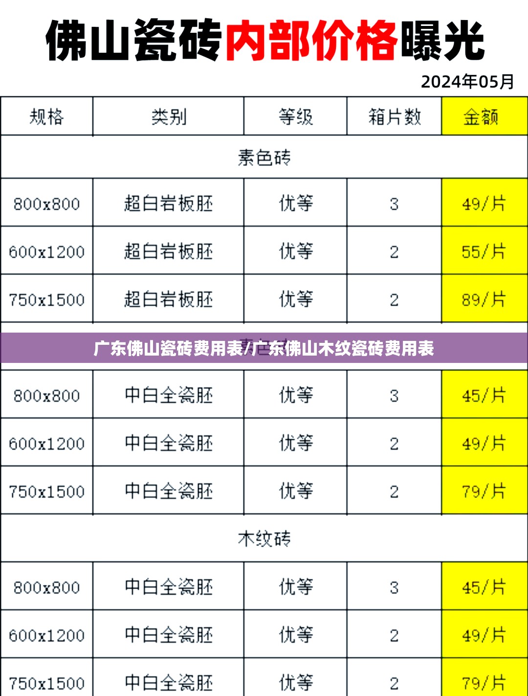 广东佛山瓷砖费用表/广东佛山木纹瓷砖费用表