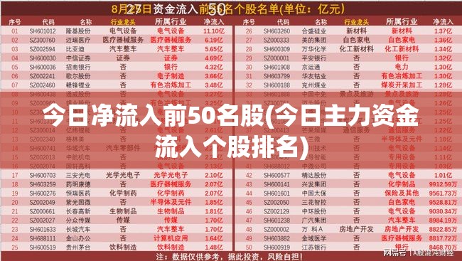 今日净流入前50名股(今日主力资金流入个股排名)