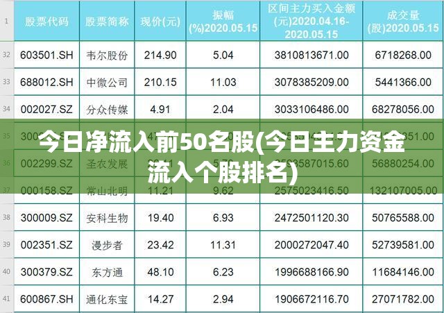 今日净流入前50名股(今日主力资金流入个股排名)