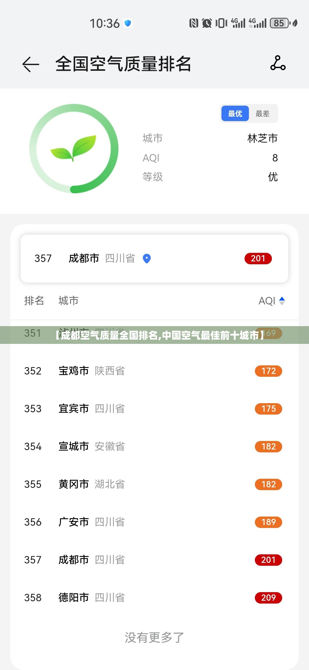 【成都空气质量全国排名,中国空气最佳前十城市】